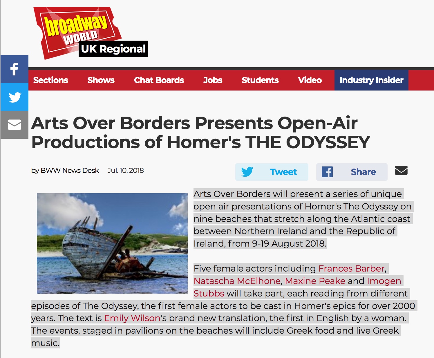 “Broadway World” – Arts Over Borders Presents Open-Air Productions of Homer’s THE ODYSSEY