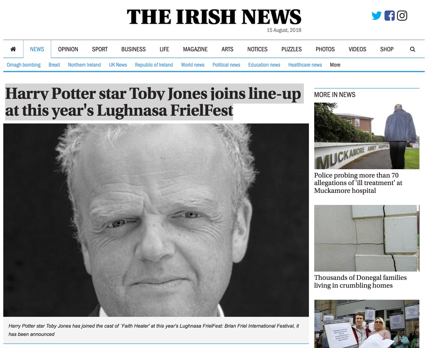 Harry Potter star Toby Jones joins line-up at this year’s Lughnasa FrielFest